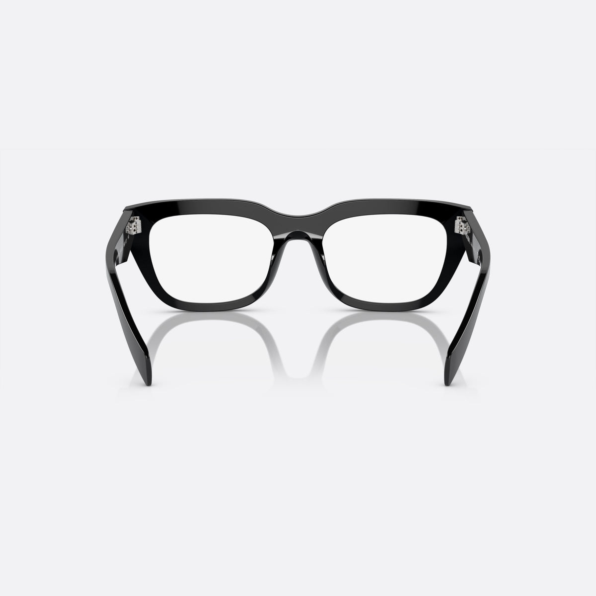 Rame ochelari de vedere Prada PR A06V 16K-1O1 M, geometrica negru, pentru femei, punte simplă integrată, literele brandului pe brațe, vedere din spate