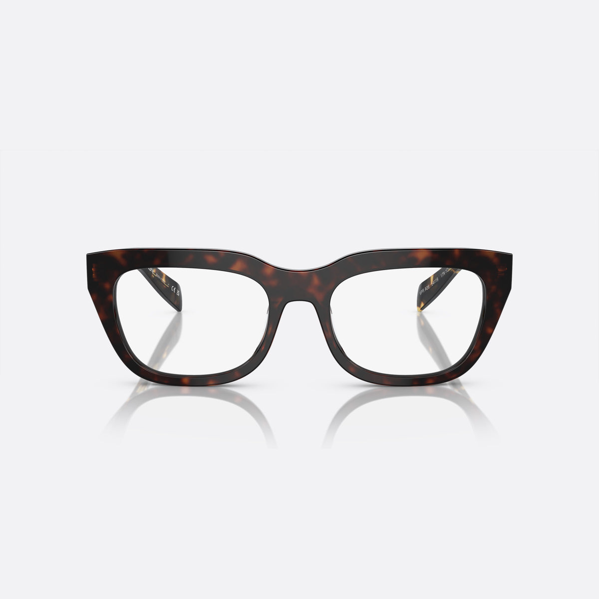 Prada PR A06V 17N-1O1 L eyeglasses, havana geometric frame for women, plain bridge, brand lettering on temples, full-rim frame, front view