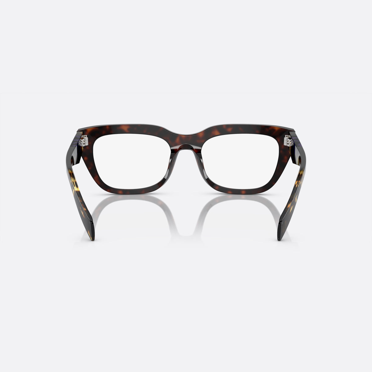 Prada PR A06V 17N-1O1 L eyeglasses, havana geometric frame for women, plain bridge, brand lettering on temples, full-rim frame, back view