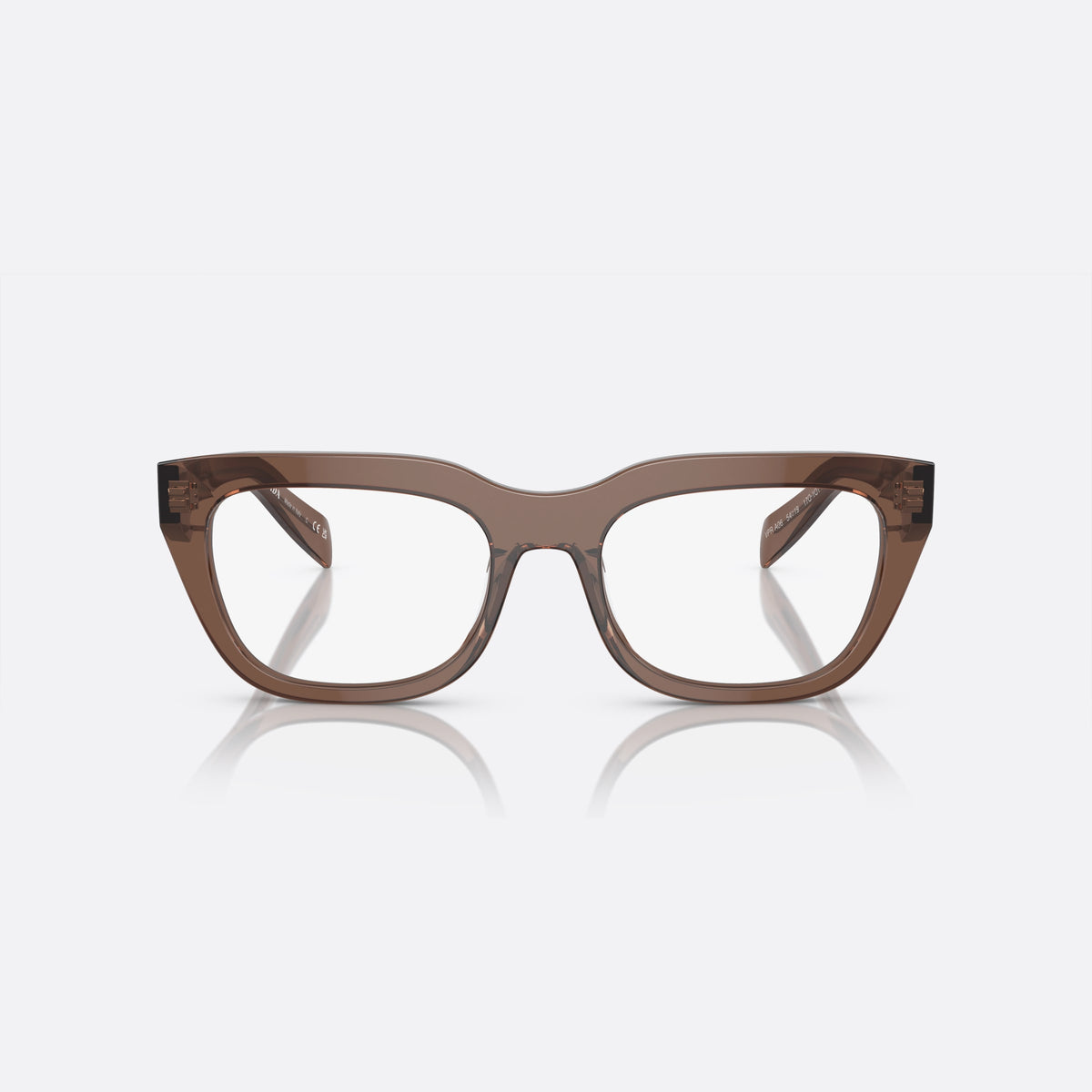 Prada PR A06V 17O-1O1 M eyeglasses, brown geometric frame for women, plain bridge, brand lettering on temples, full-rim frame, front view