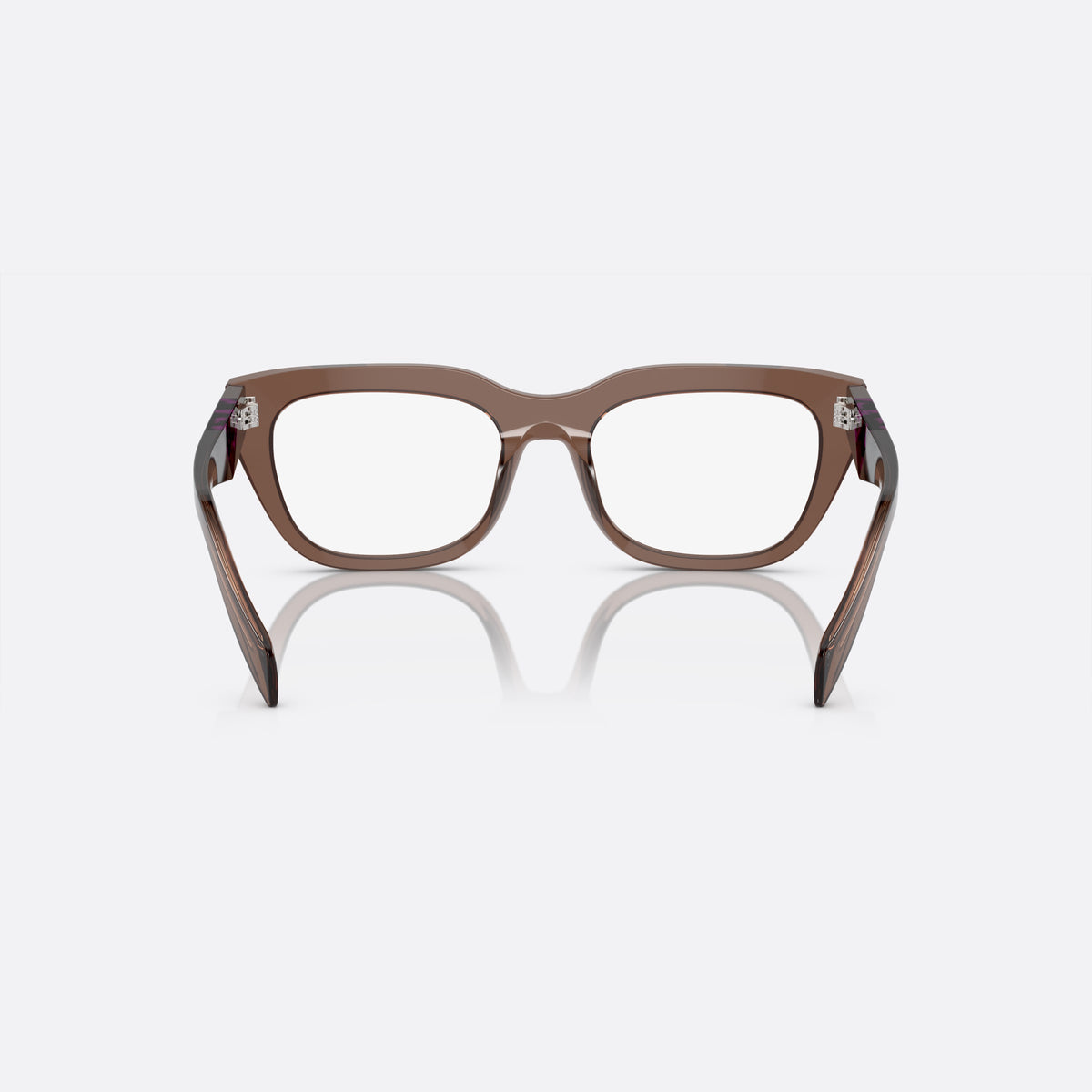 Prada PR A06V 17O-1O1 M eyeglasses, brown irregular frame for women, plain bridge, brand lettering on temples, full-rim front
