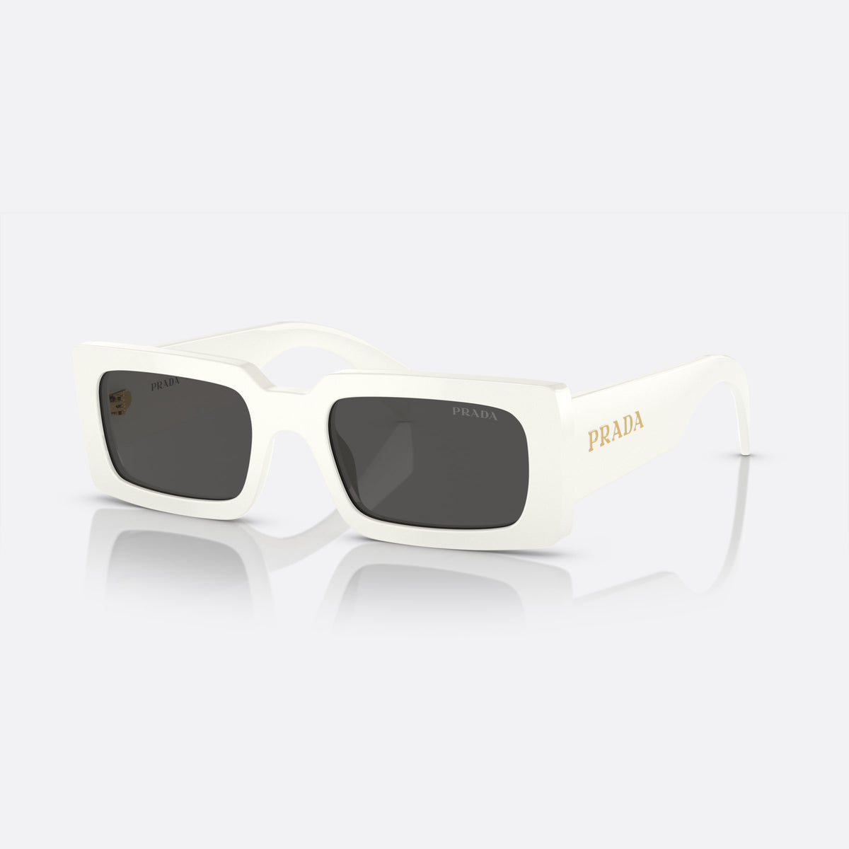 Prada PR A07S 142-5S0 A sunglasses, white pillow frame for women, plain bridge, brand lettering on temples, full-rim frame