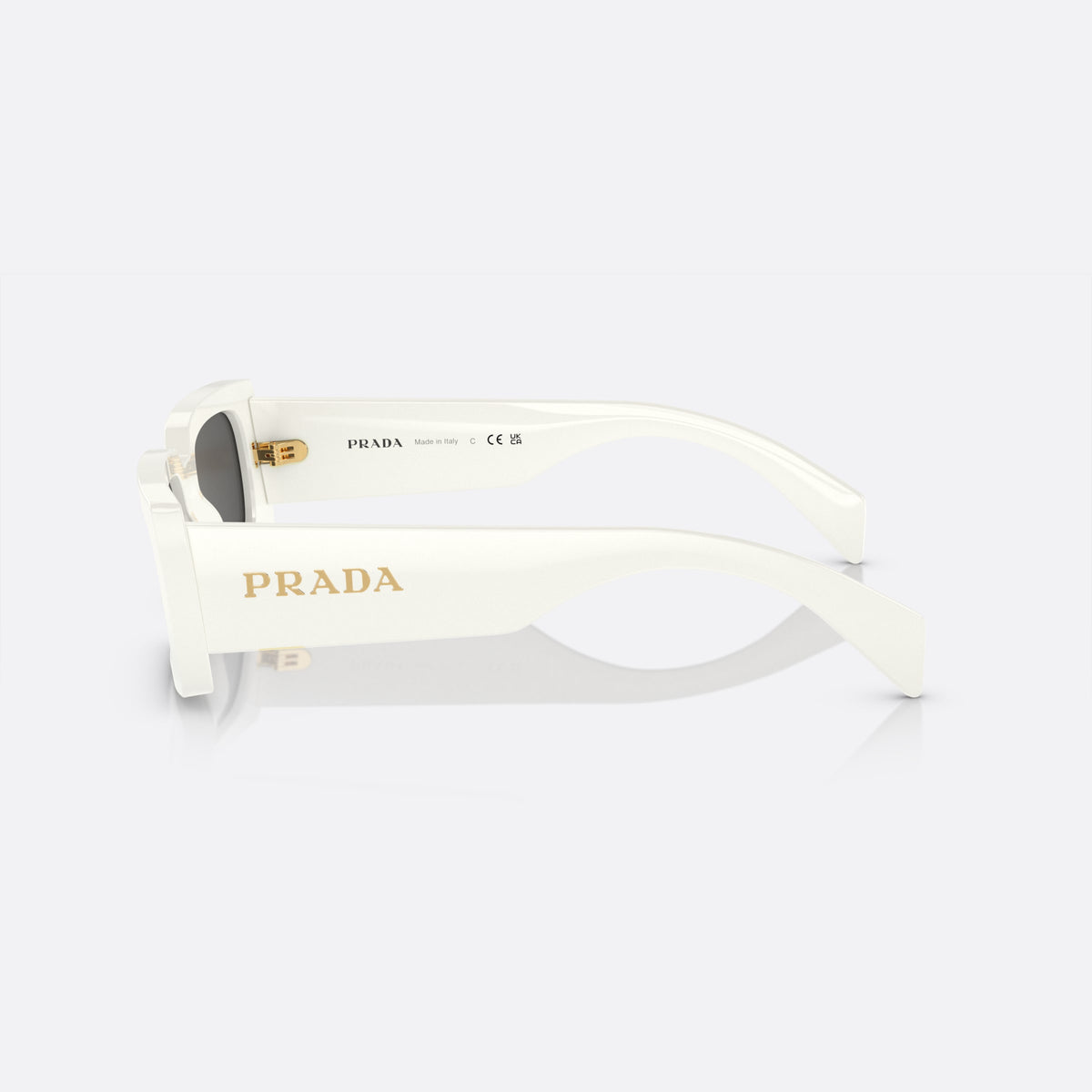 Prada PR A07S 142-5S0 A sunglasses, white pillow frame for women, plain bridge, brand lettering on temples, full-rim frame, side view