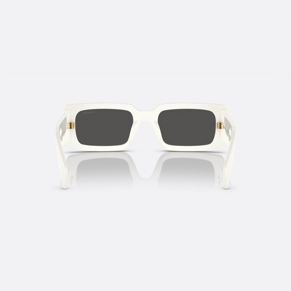 Prada PR A07S 142-5S0 A sunglasses, white pillow frame for women, plain bridge, brand lettering on temples, full-rim frame, back view