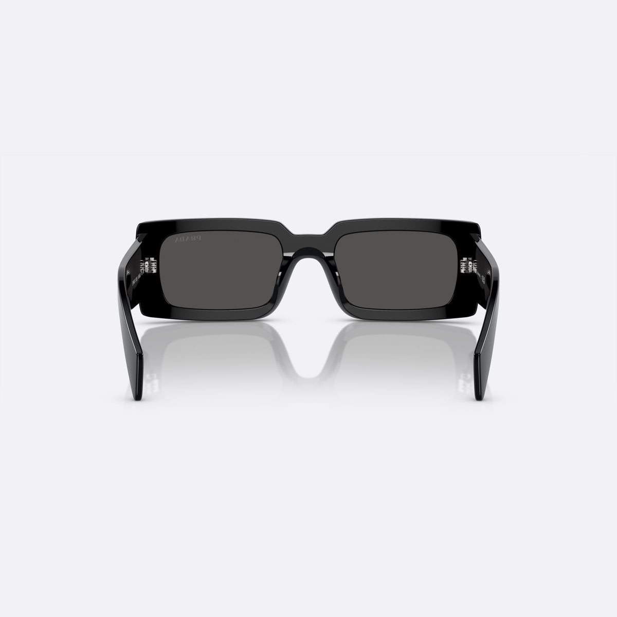 Prada PR A07S 1AB-5S0 N sunglasses, black pillow frame for women, plain bridge, brand lettering on temples, full-rim frame, back view