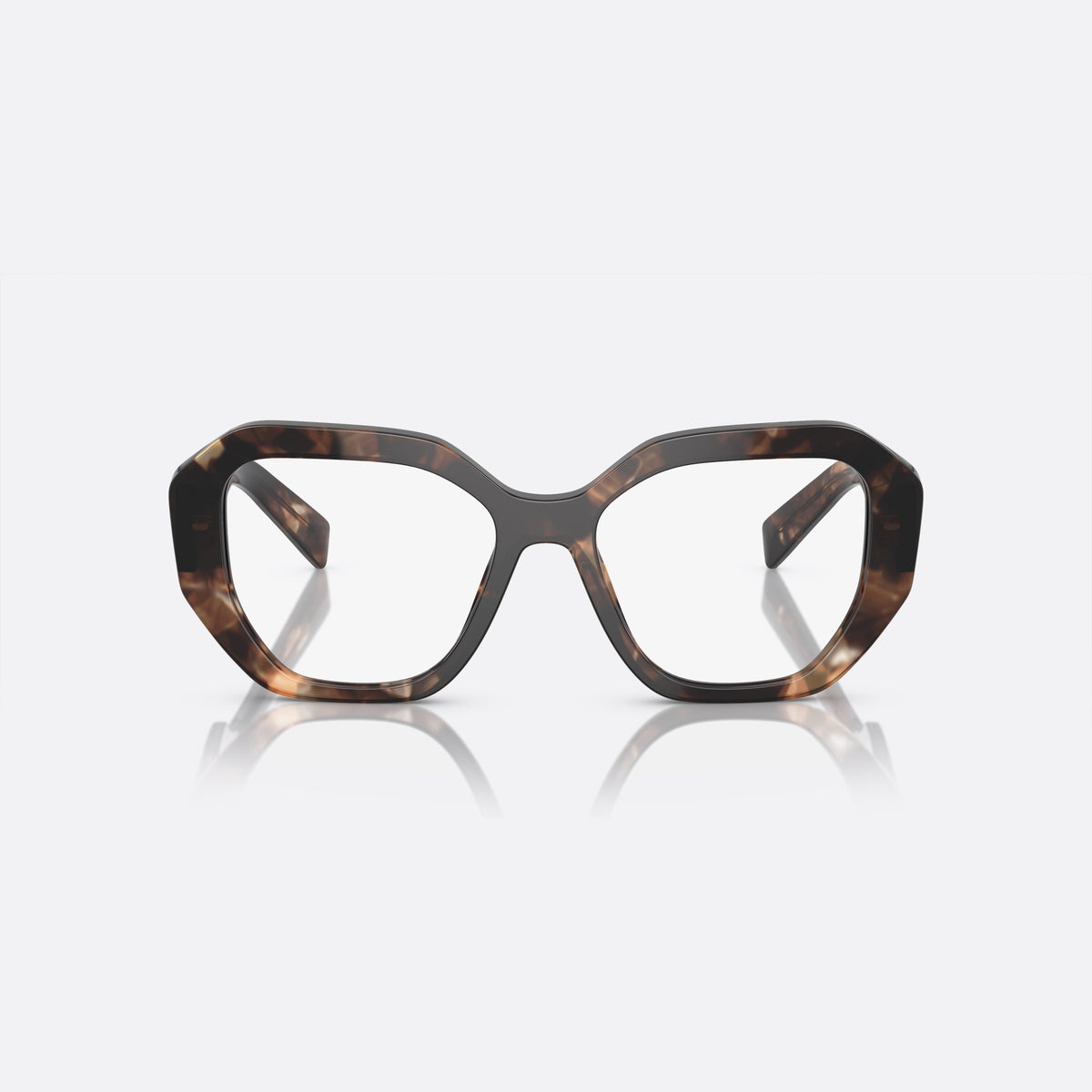 Prada PR A07V 07R-1O1 D eyeglasses, havana geometric frame for women, plain bridge, brand lettering on temples, full-rim frame, front view