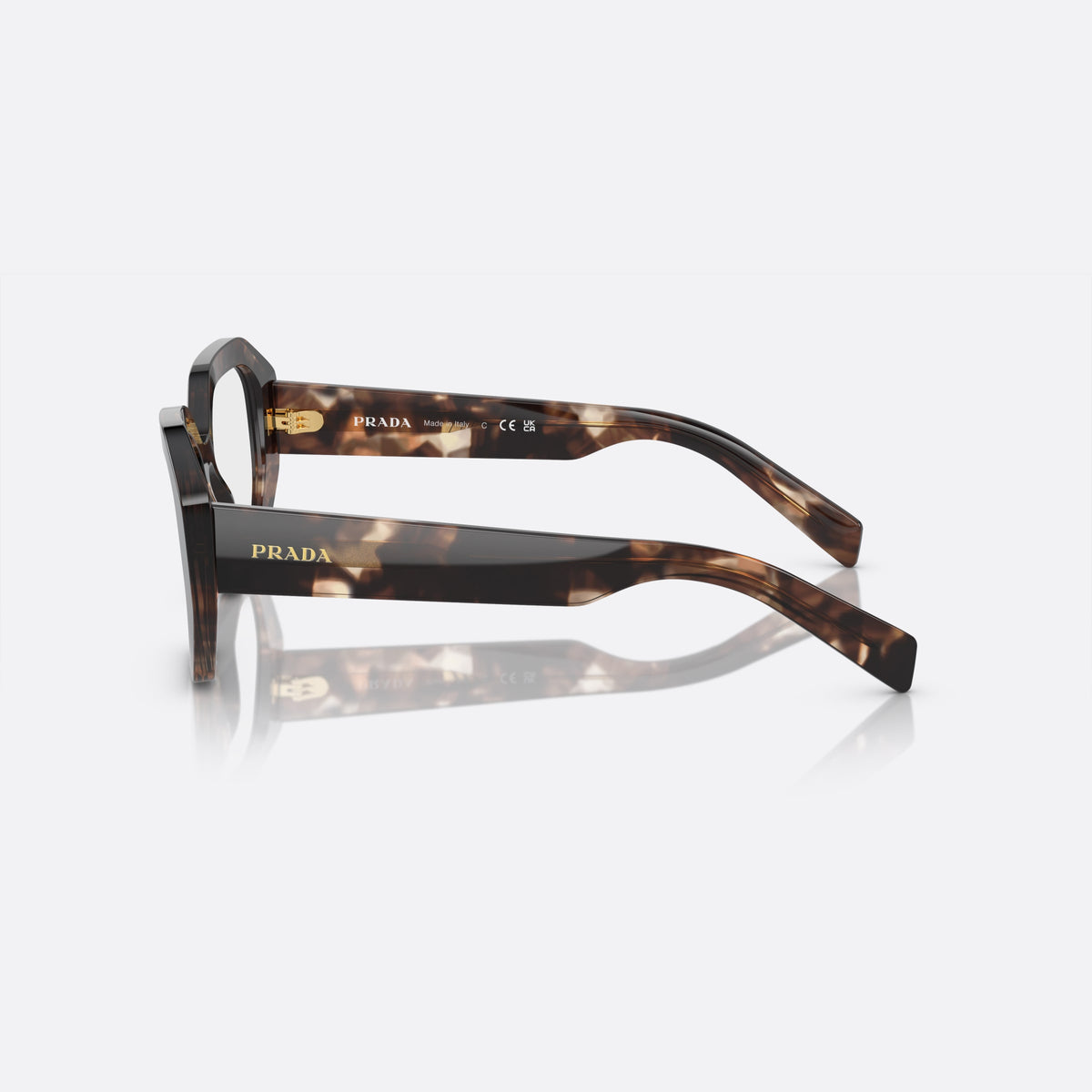 Prada PR A07V 07R-1O1 D eyeglasses, havana geometric frame for women, plain bridge, brand lettering on temples, full-rim frame, side view