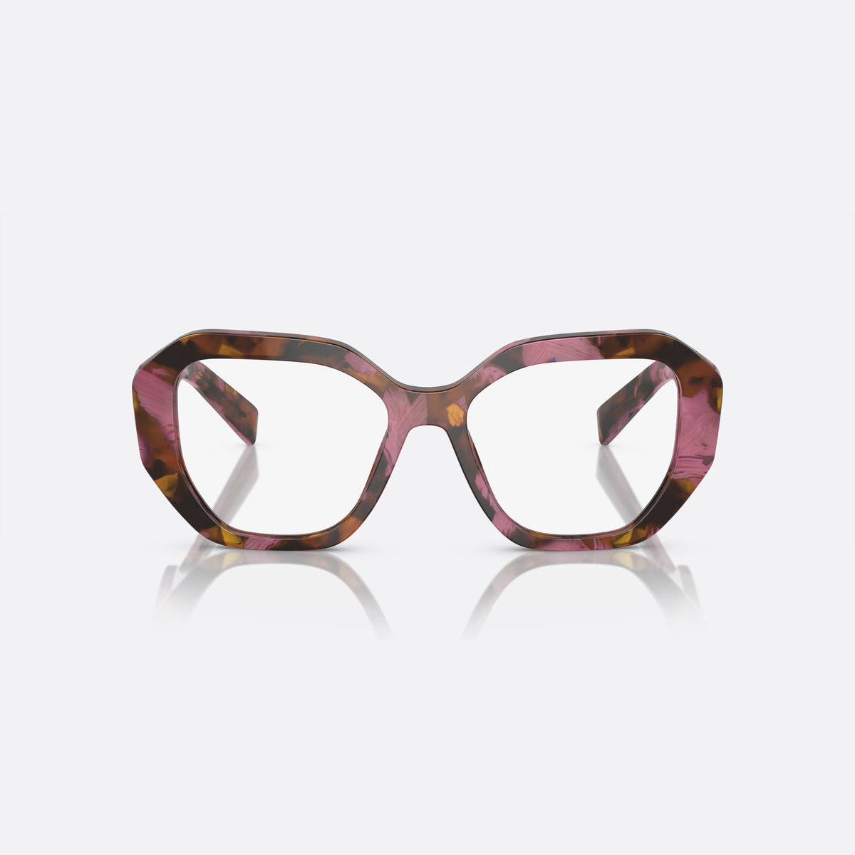 Prada PR A07V 18N-1O1 N eyeglasses, havana geometric frame for women, plain integrated bridge, brand lettering on temples, front view