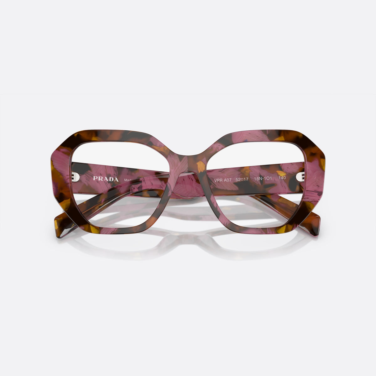 Prada PR A07V 18N-1O1 N eyeglasses, havana geometric frame for women, plain integrated bridge, brand lettering on temples, folded