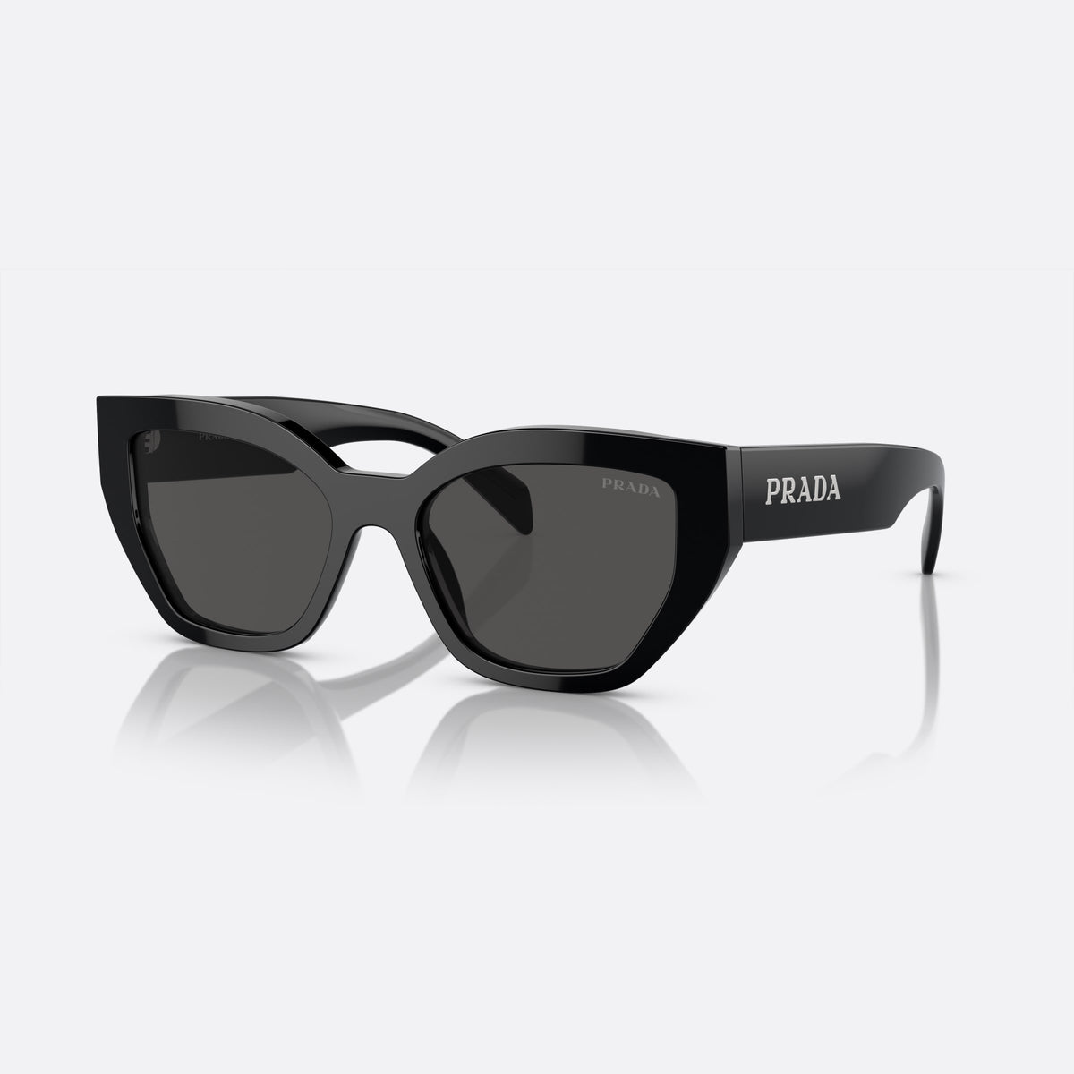 Prada PR A09S 1AB-5S0 N sunglasses, black butterfly frame for women, plain bridge, brand lettering on temples, wide temples