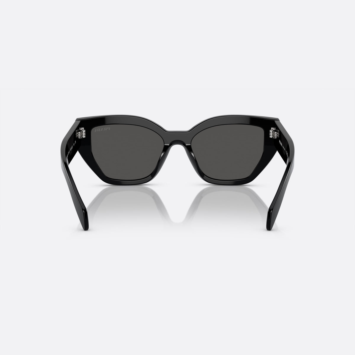 Prada PR A09S 1AB-5S0 N sunglasses, black butterfly frame for women, plain bridge, brand lettering on temples, wide temples, back view