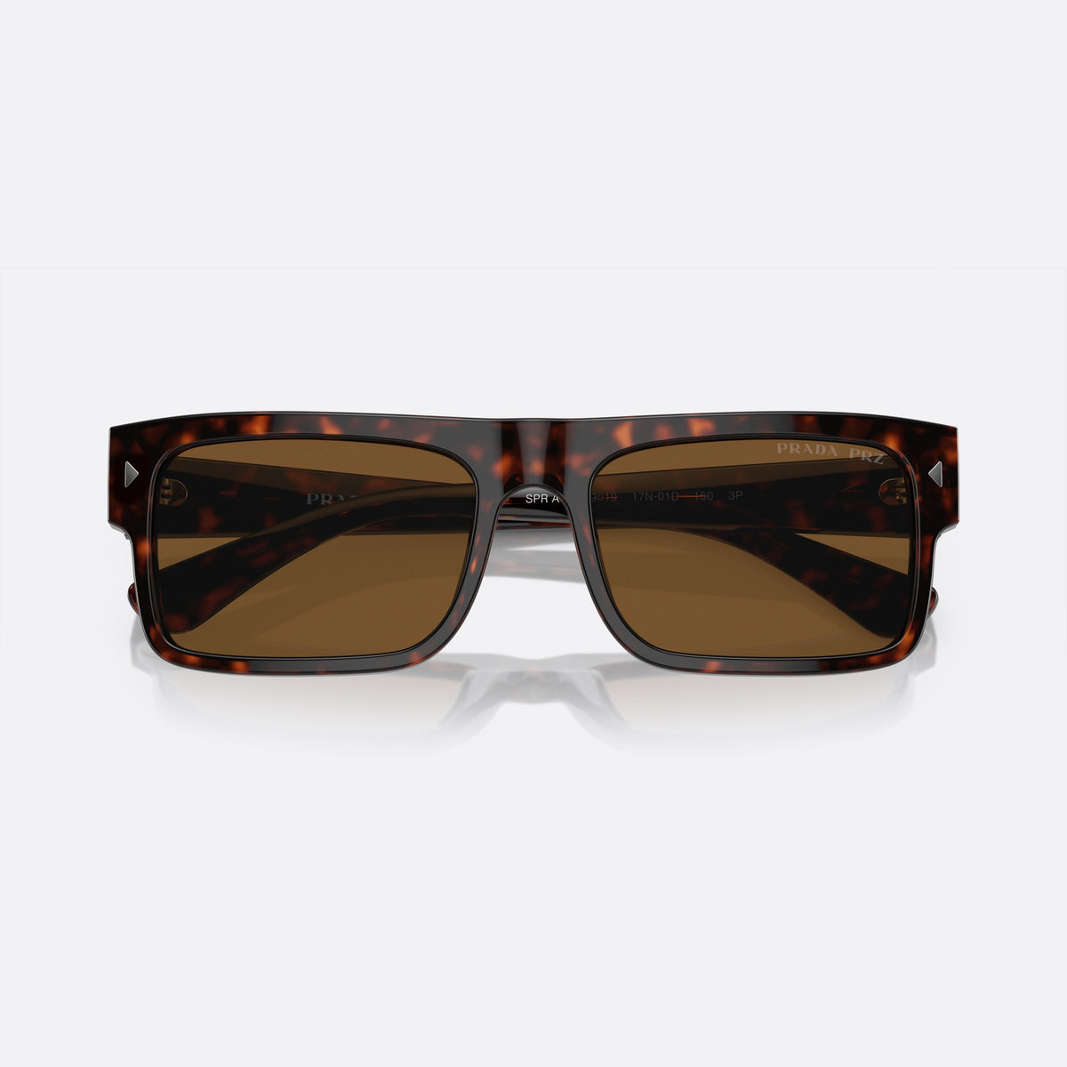 Prada PR A10S 17N01D sunglasses, havana rectangle frame for men, plain bridge, brand lettering on temples, folded