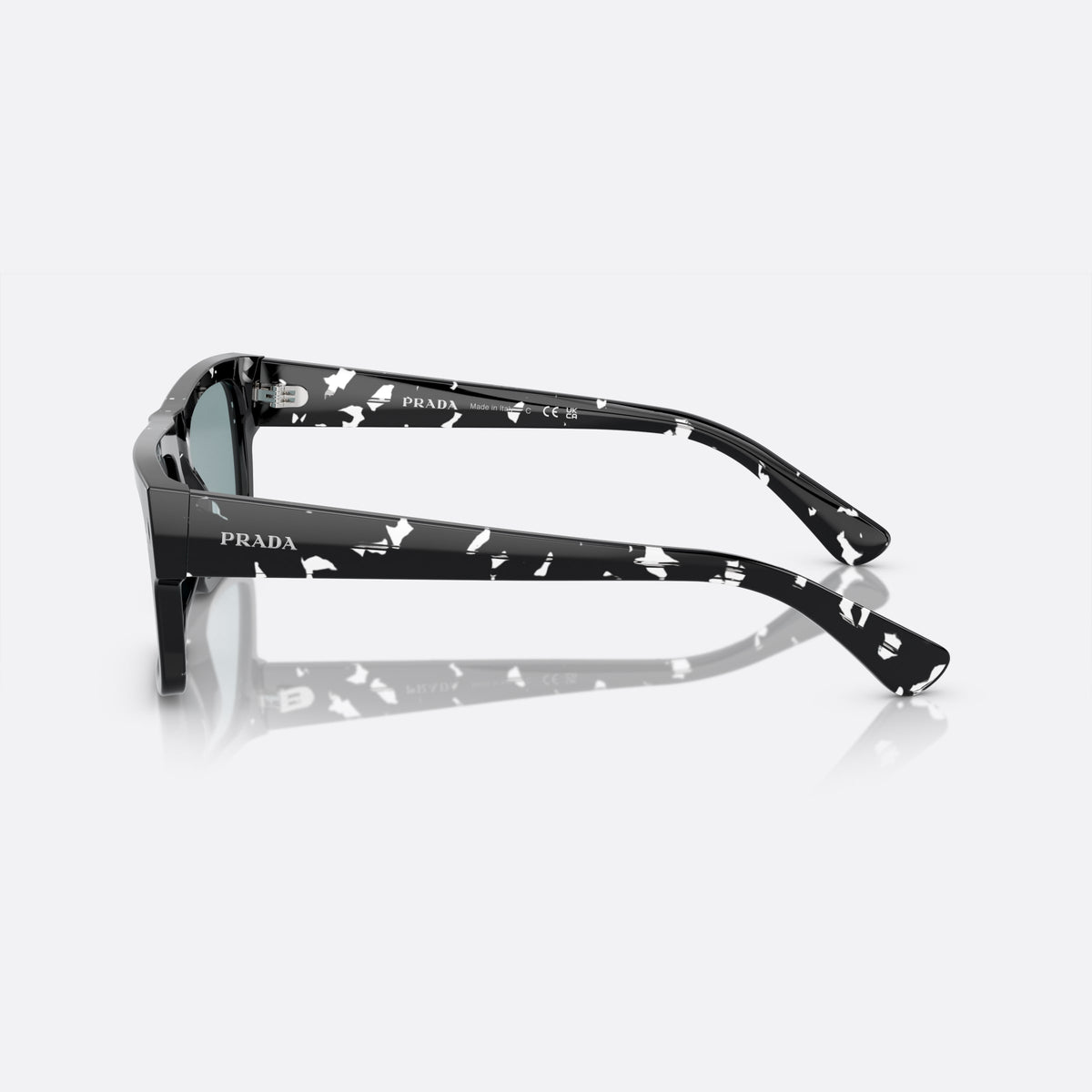 Prada PR A10S 59 sunglasses, brown rectangle frame for men, plain double-bar bridge, brand lettering on temples, side view