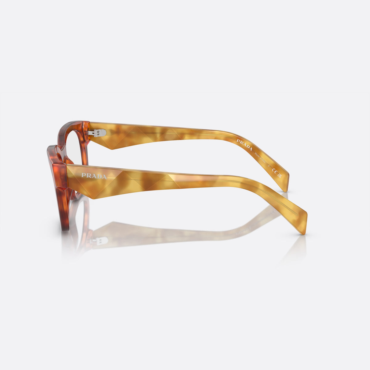 Prada PR A10V 11P-1O1 S eyeglasses, havana squared frame for men, plain saddle bridge, brand lettering on temples, side view
