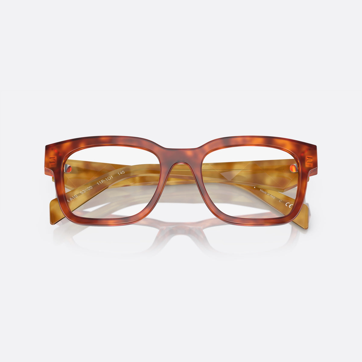 Prada PR A10V 11P-1O1 S eyeglasses, havana squared frame for men, plain saddle bridge, brand lettering on temples, folded