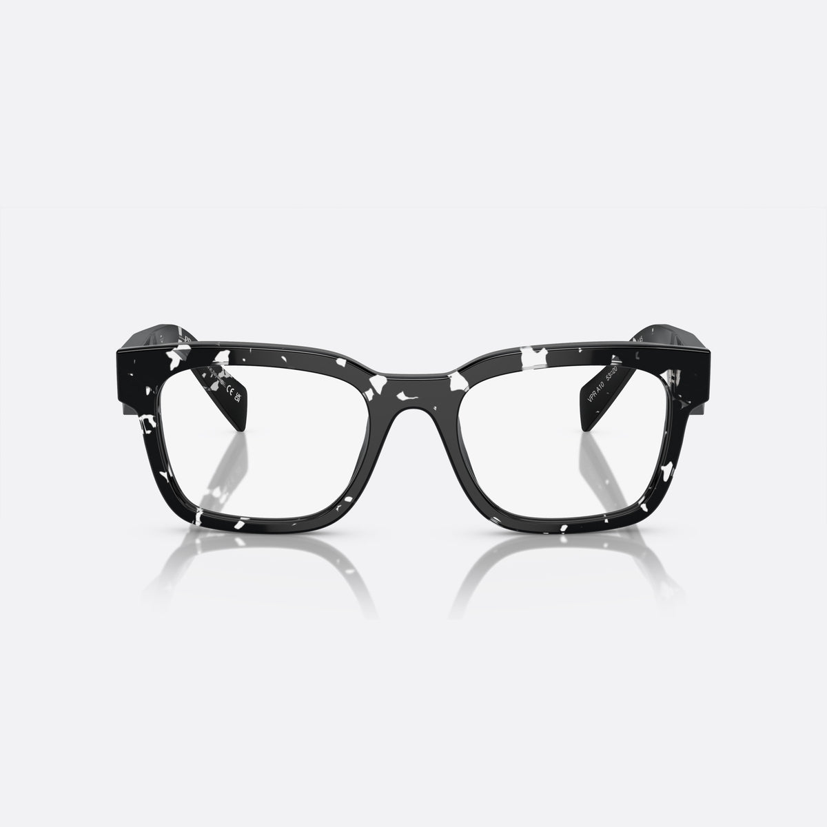 Prada PR A10V 15O-1O1 X eyeglasses, havana rectangle frame for men, plain double-arch bridge, brand lettering on temples