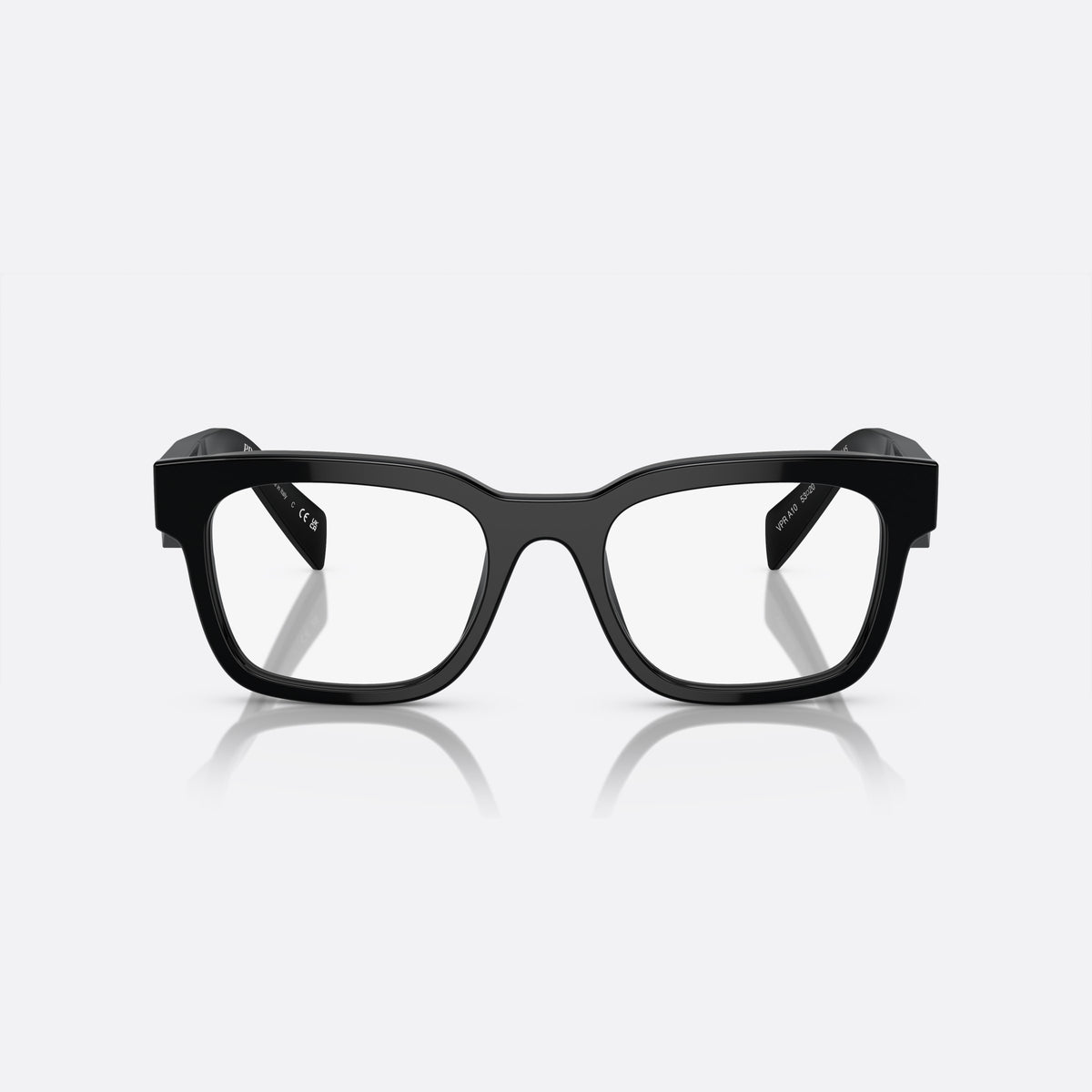 Prada PR A10V 16K-1O1 M eyeglasses, black rectangle frame for men, plain acetate bridge, brand lettering on temples