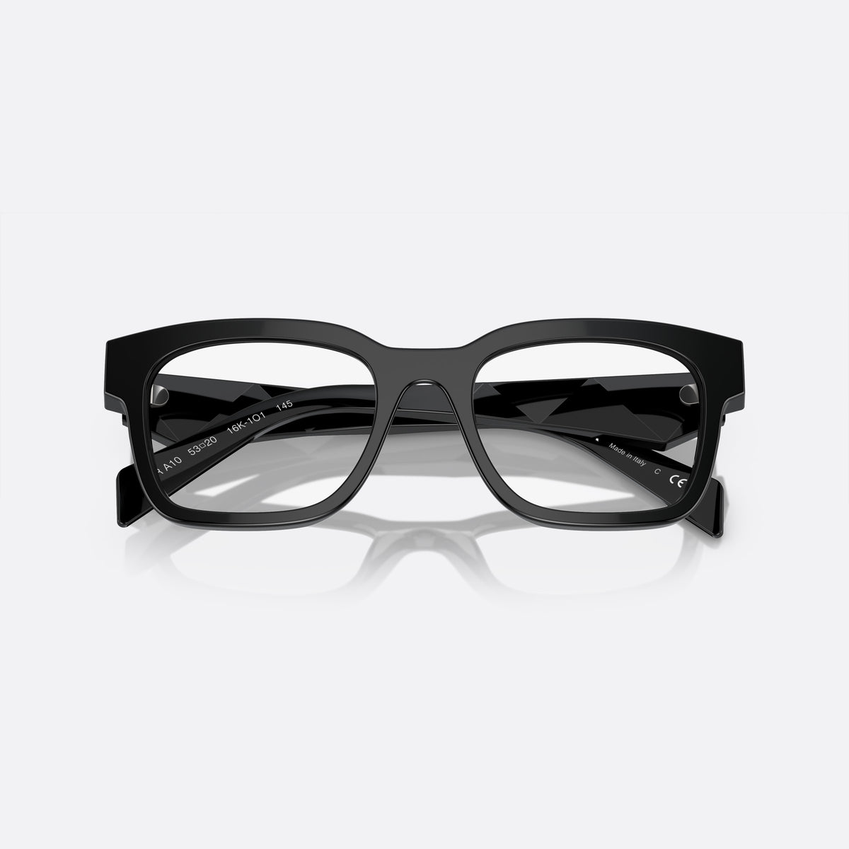 Prada PR A10V 16K-1O1 M eyeglasses, black rectangle frame for men, plain acetate bridge, brand lettering on temples