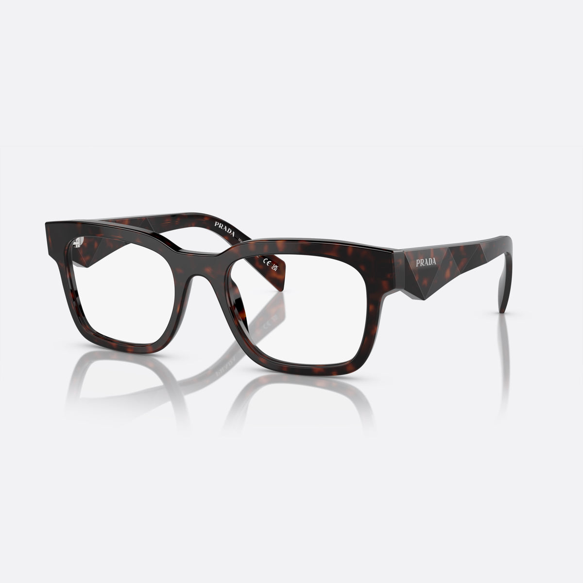 Prada PR A10V 17N-1O1 M eyeglasses, havana squared frame for men, plain double-arched bridge, brand lettering on temples