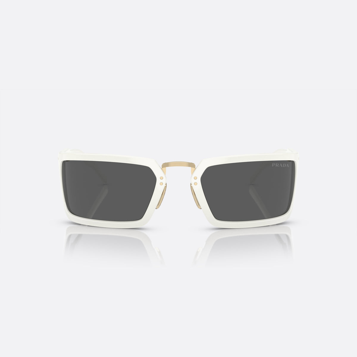 Prada PR A11S 461-5S0 sunglasses, white irregular frame, unisex, brand lettering on temples, flat temples with rivets, front view