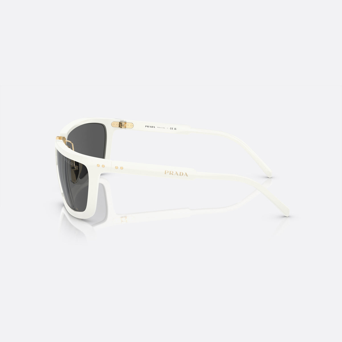 Prada PR A11S 461-5S0 sunglasses, white irregular frame, unisex, brand lettering on temples, flat temples with rivets, side view