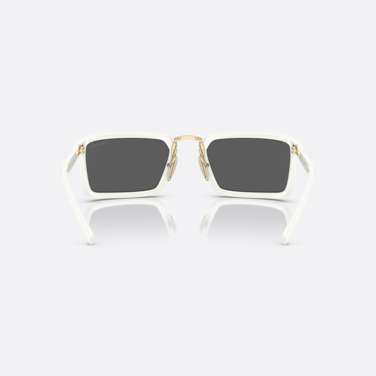Prada PR A11S 461-5S0 sunglasses, white irregular frame, unisex, brand lettering on temples, flat temples with rivets, back view