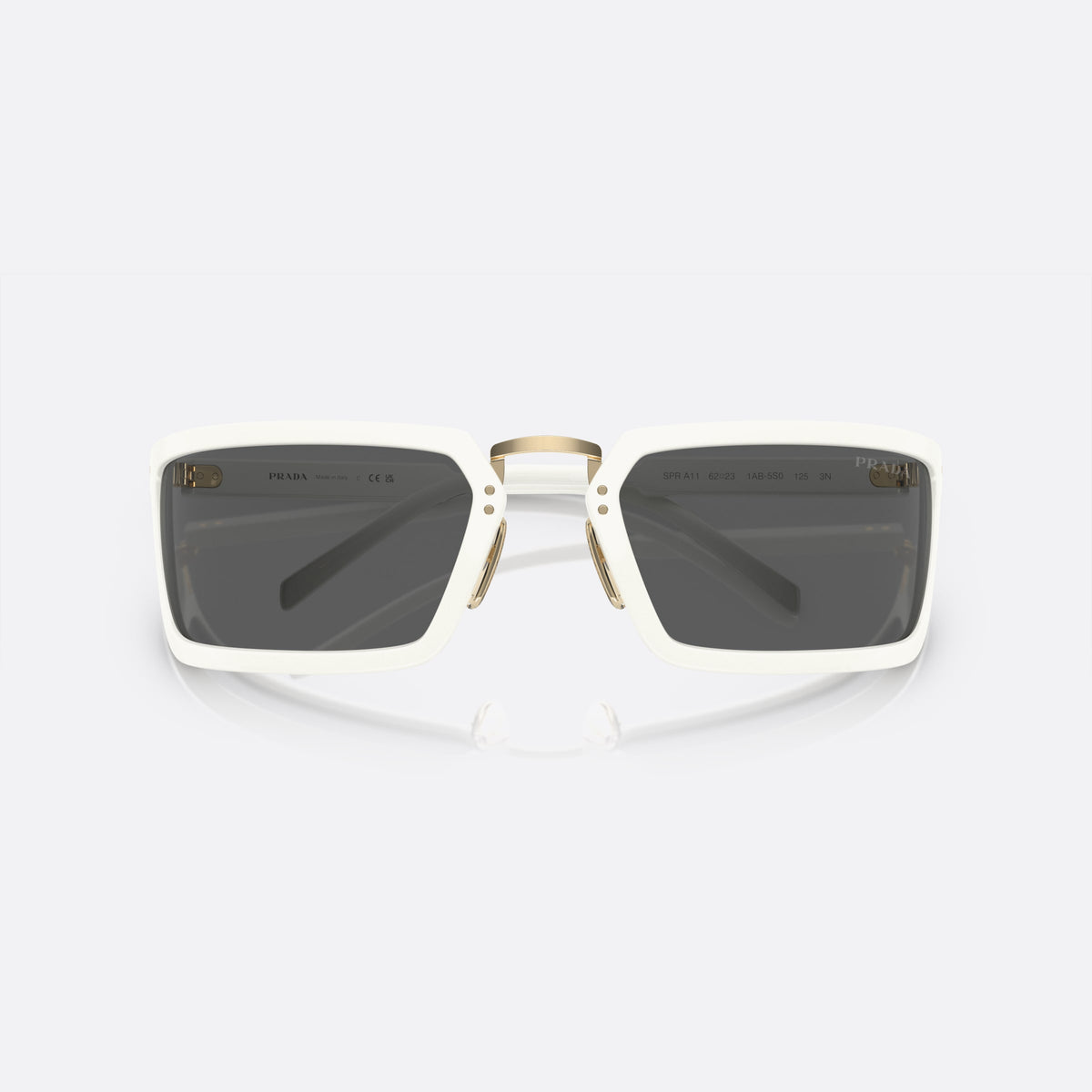Prada PR A11S 461-5S0 sunglasses, white irregular frame, unisex, brand lettering on temples, flat temples with rivets, folded
