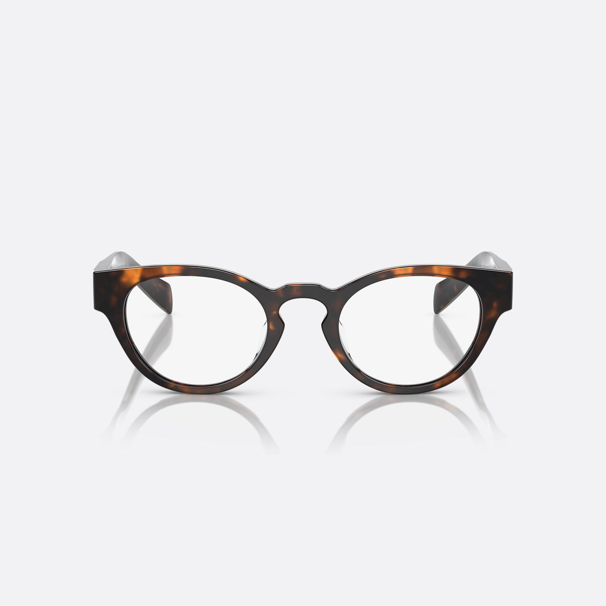 Rame ochelari de vedere Prada PR A11VD 14L1O1, rotunzi havana, pentru femei, punte keyhole, literele brandului pe brațe, vedere din față