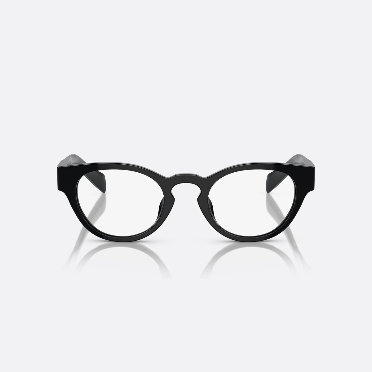 Prada PR A11VD 16K1O1 eyeglasses, black round frame for women, keyhole bridge, brand logo on temples, full-rim frame, front view