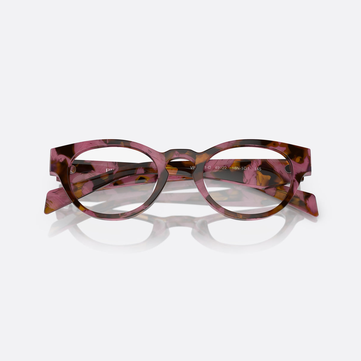 Rame ochelari de vedere Prada PR A11VD 18N1O1, rotunzi roz, pentru femei, punte keyhole, literele brandului pe brațe, ramă completă, cu brațele pliate