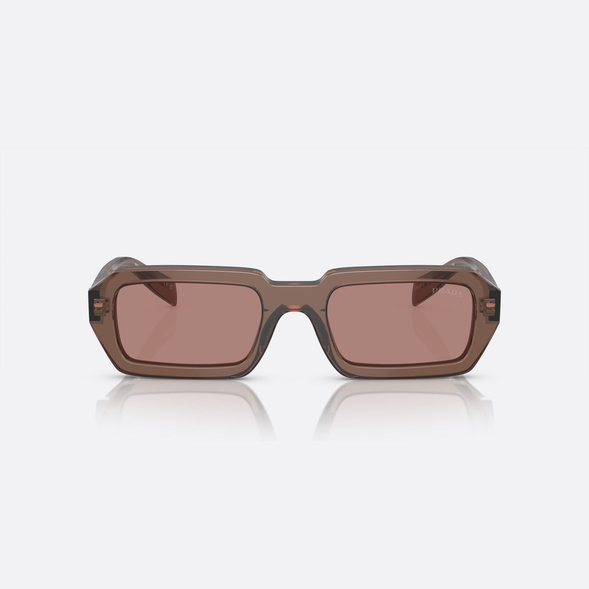 Ochelari de soare Prada PR A12S 17O-60B M, geometrica maro, pentru femei, punte dublă simplă, literele brandului pe brațe, vedere din față
