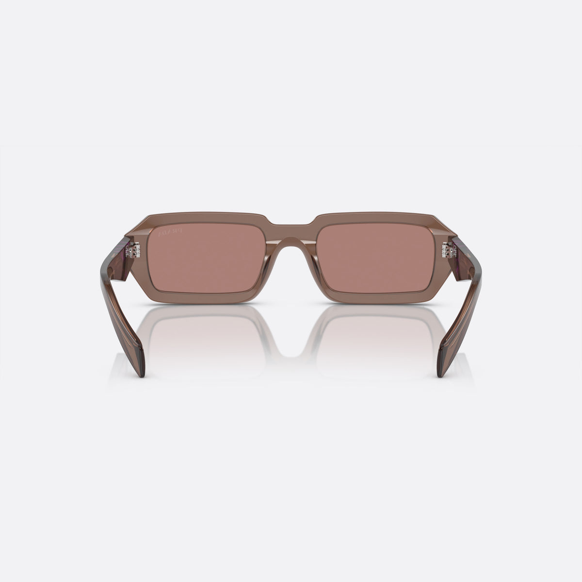 Ochelari de soare Prada PR A12S 17O-60B M, geometrica maro, pentru femei, punte dublă simplă, literele brandului pe brațe, vedere din spate