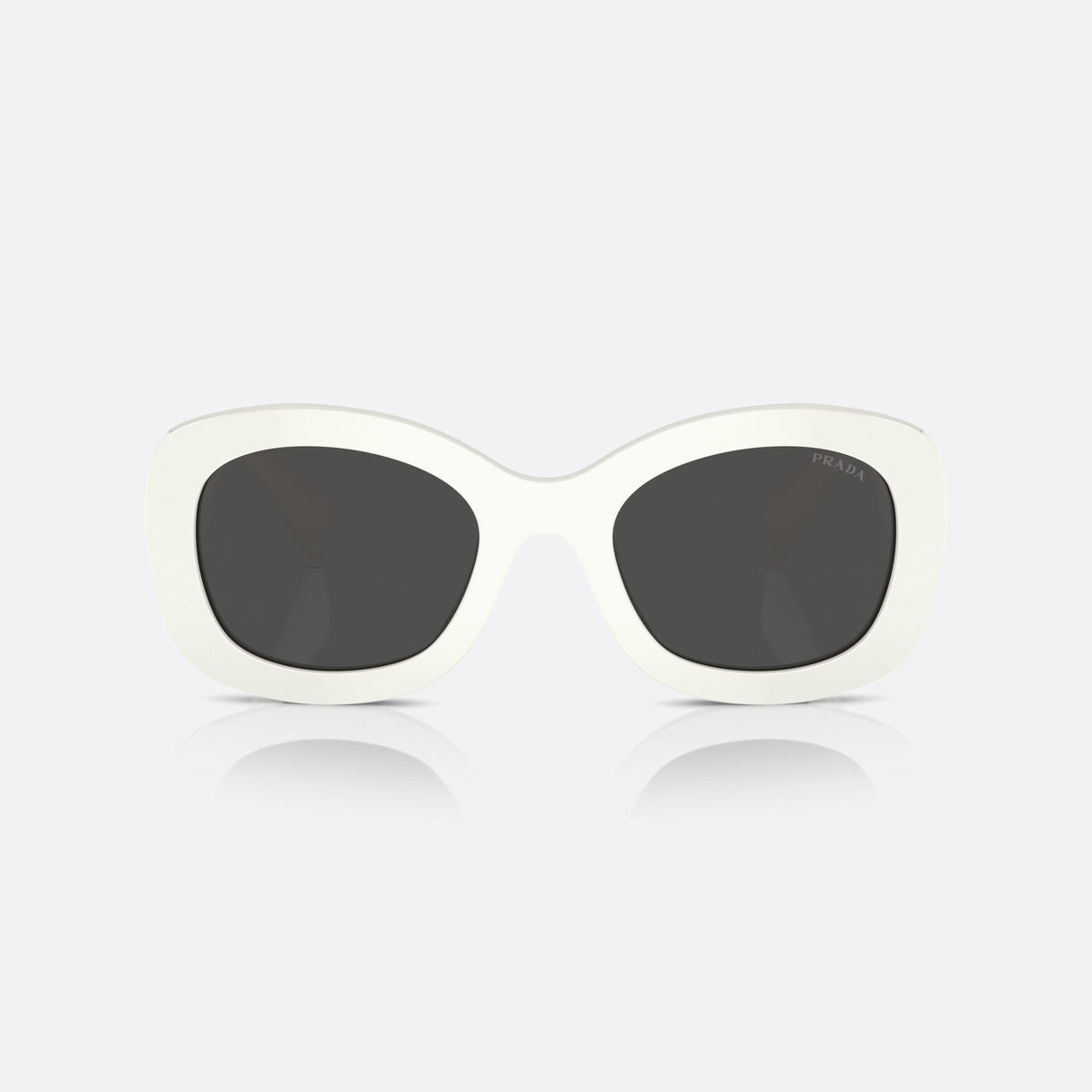 Prada PR A13S 1425S0 sunglasses, white oval frame for women, plain bridge, brand lettering on temples, wide temples, front view