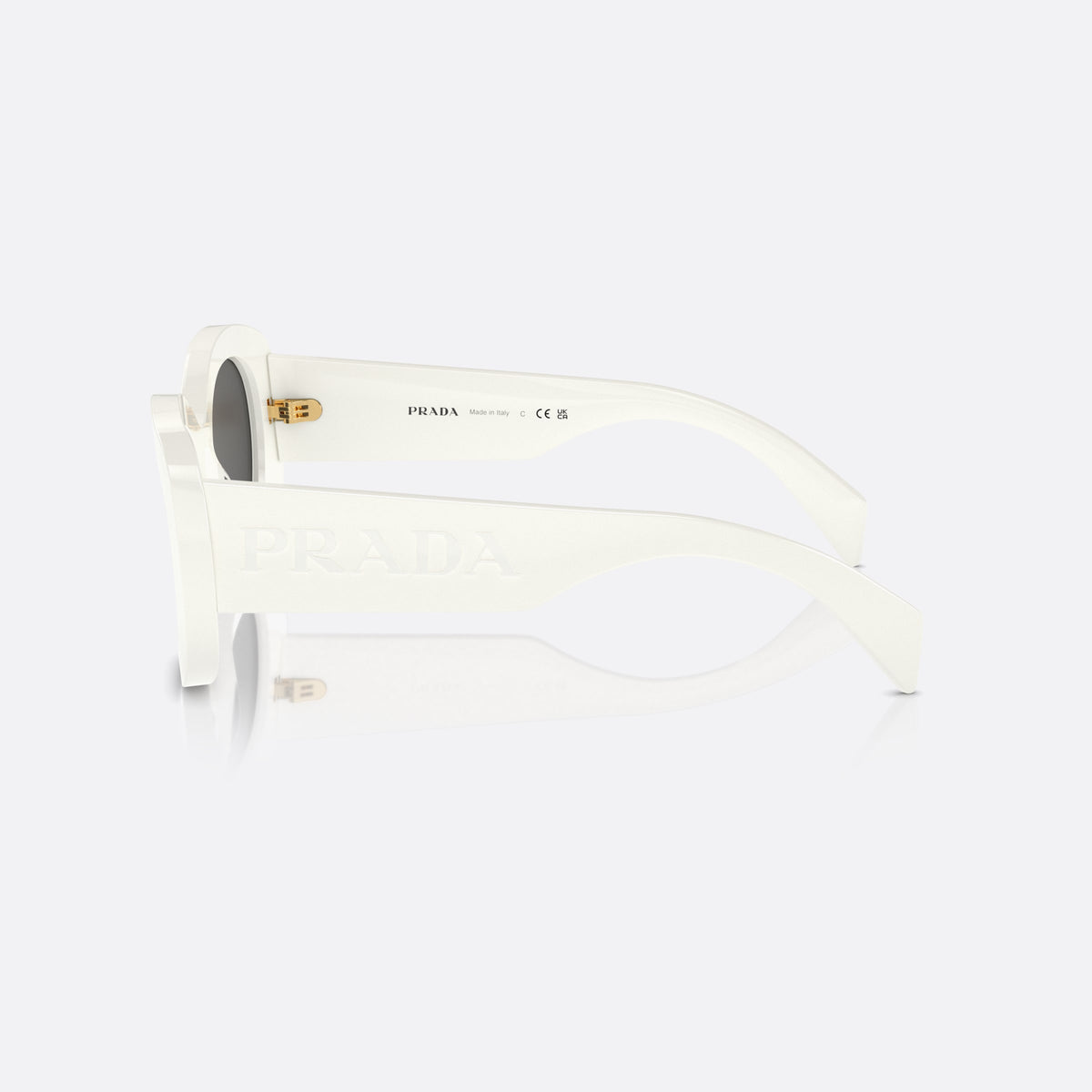 Prada PR A13S 1425S0 sunglasses, white oval frame for women, plain bridge, brand lettering on temples, wide temples, side view