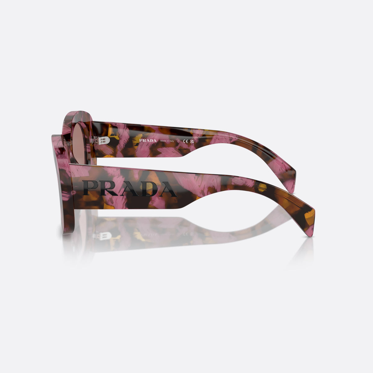 Prada PR A13S 18N10D sunglasses, brown butterfly frame for women, plain bridge, integrated into frame, full-rim thick frame, side view