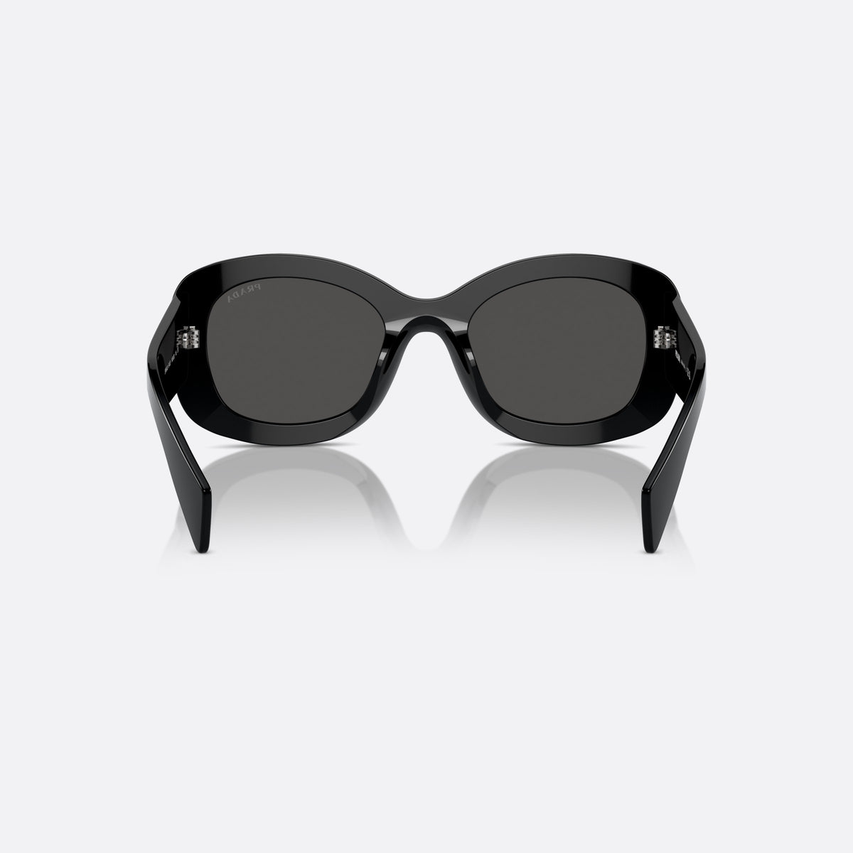 Prada PR A13S 1AB-5S0 B sunglasses, black oval frame for women, plain saddle style bridge, raised brand lettering on temples, back view