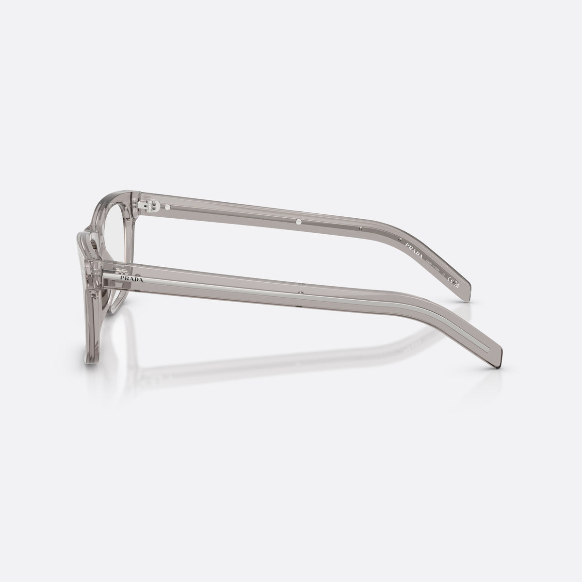 Prada PR A13V 10J1O1 eyeglasses, grey pillow frame for men, plain bridge, brand lettering on temples, side view