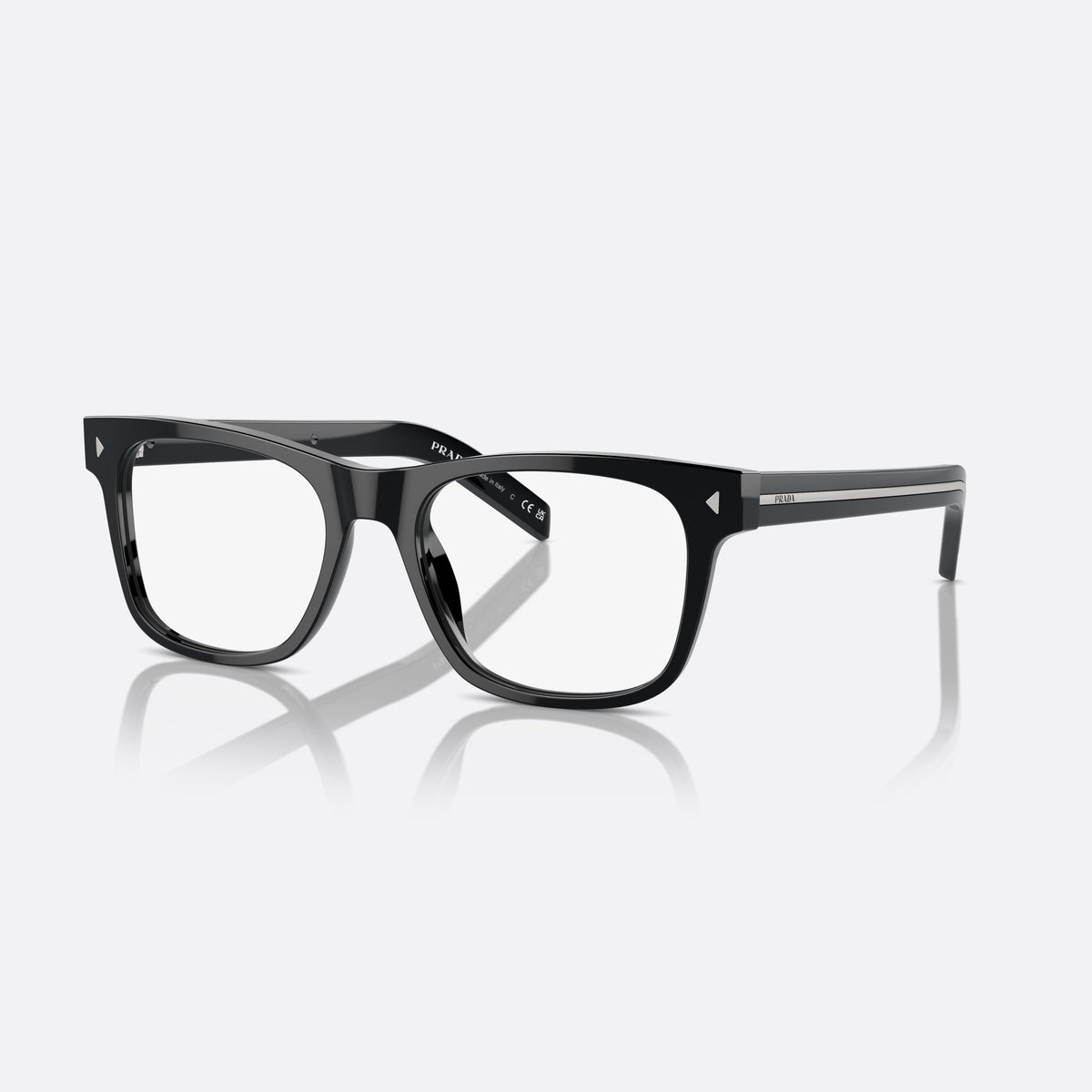 Prada PR A13V 16K1O1 eyeglasses, black rectangle frame for men, plain bridge, brand lettering on the temples, full-rim frame