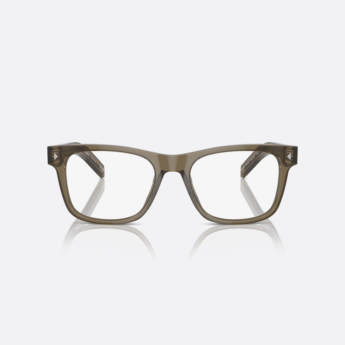 Prada PR A13V 18T1O1 eyeglasses, green squared frame for men, plain bridge, integrated into front, full-rim front, front view