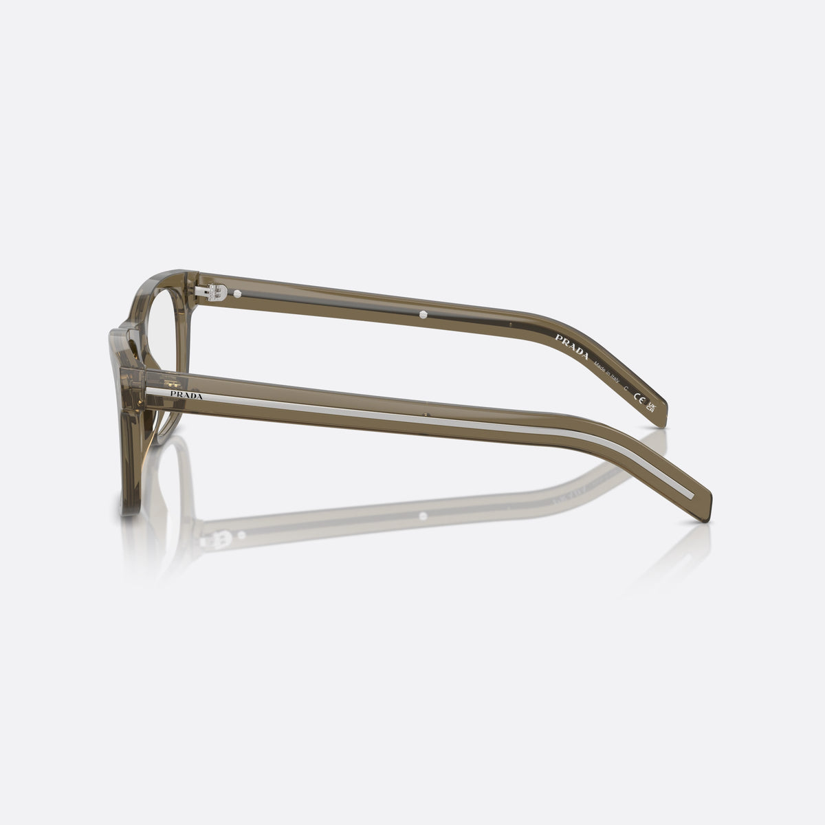 Prada PR A13V 18T1O1 eyeglasses, green squared frame for men, plain bridge, integrated into front, full-rim front, side view