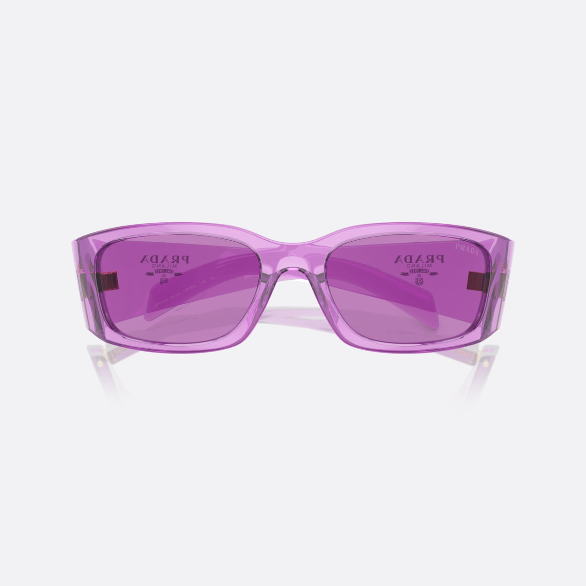 Prada PR A14S 13R30G sunglasses, violet butterfly frame for women, plain bridge, brand logo on temple, wide tapered temples