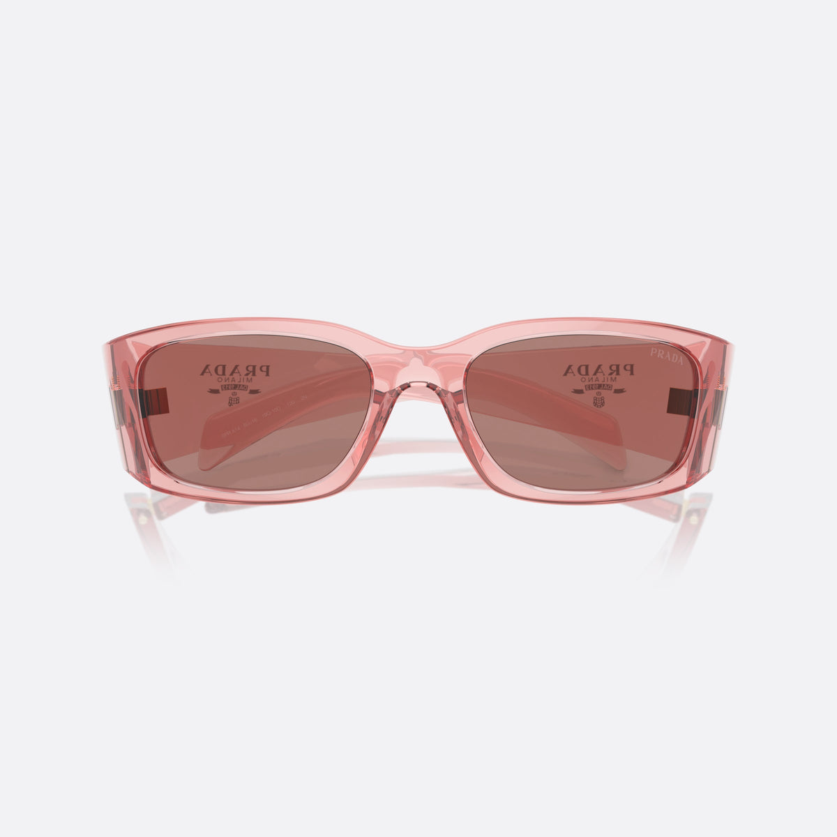 Prada PR A14S 19Q10D sunglasses, pink other frame for women, plain bridge with lens-to-lens joint, brand logo on temple, folded