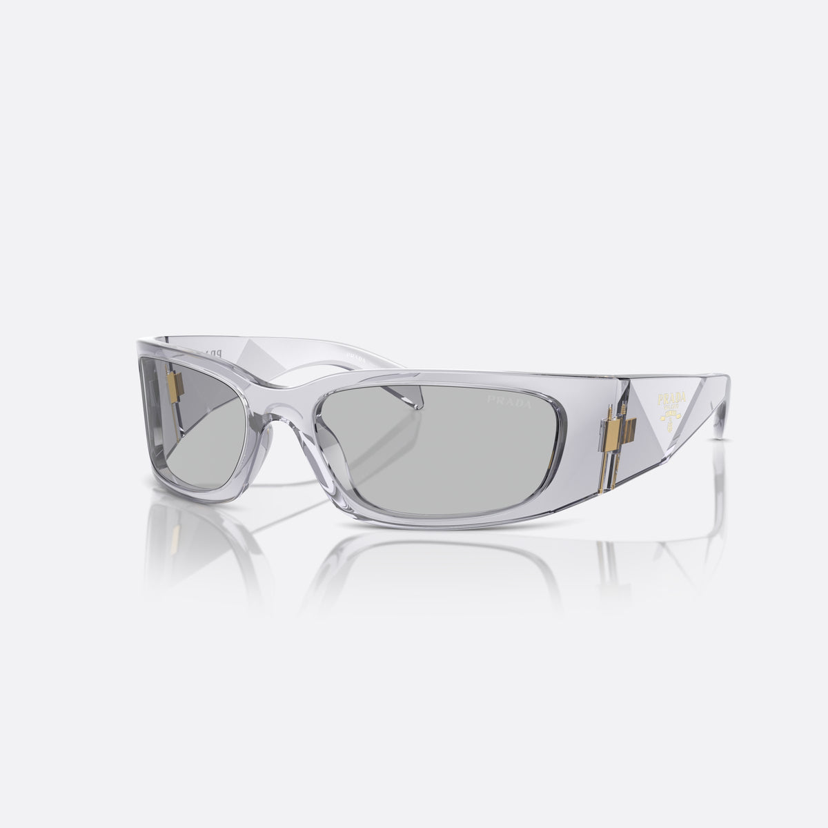 Prada PR A14S 60 sunglasses, grey butterfly frame, unisex, plain bridge, brand logo on temples