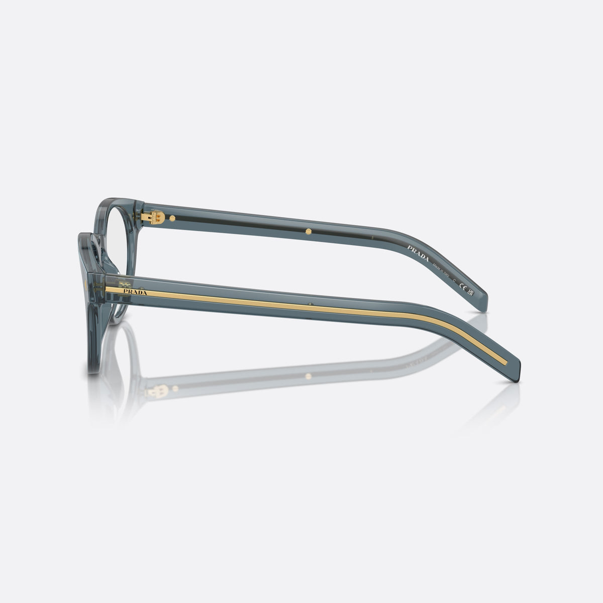 Prada PR A14V 17T1/O1 eyeglasses, blue round frame for men, brand lettering on temples, full-rim acetate frame, side view