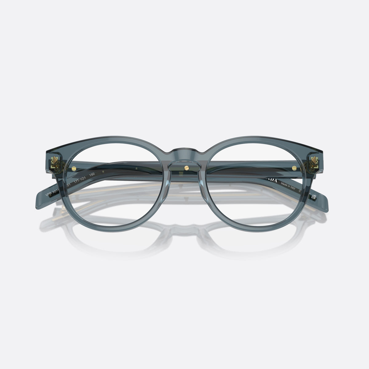 Prada PR A14V 17T1/O1 eyeglasses, blue round frame for men, brand lettering on temples, full-rim acetate frame, folded