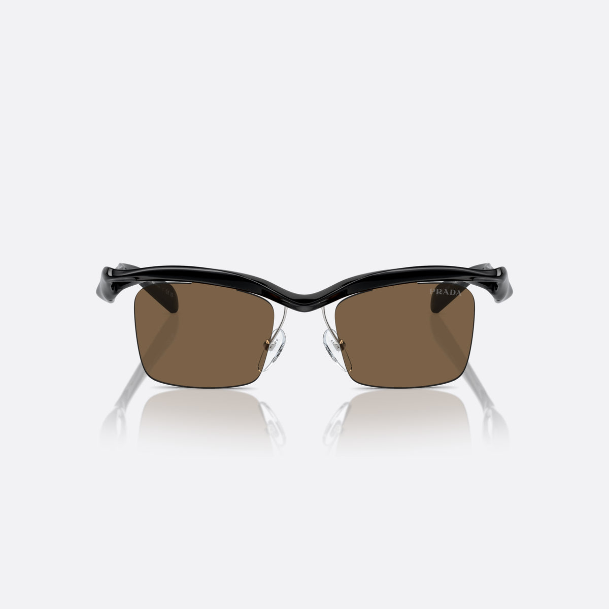 Prada PR A15S 1AB8C1 sunglasses, black rectangle frame for men, double bridge with wavy profile, brand lettering on temples, front view