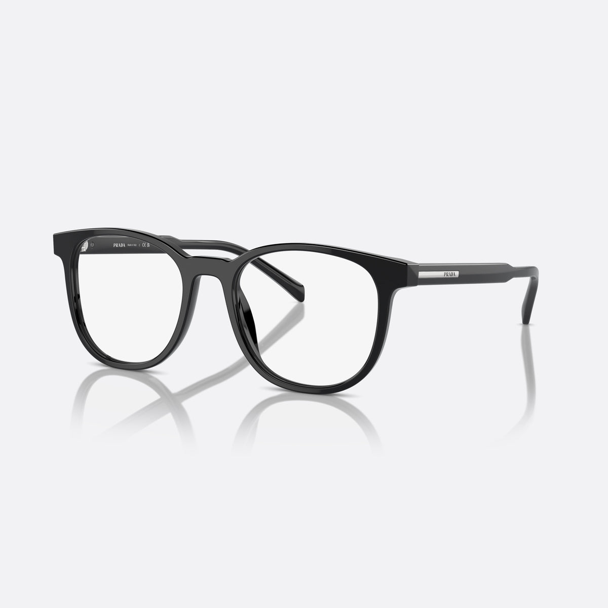 Prada PR A15V 16K1O1 eyeglasses, black squared frame for men, plain bridge, brand lettering on temples, full-rim front