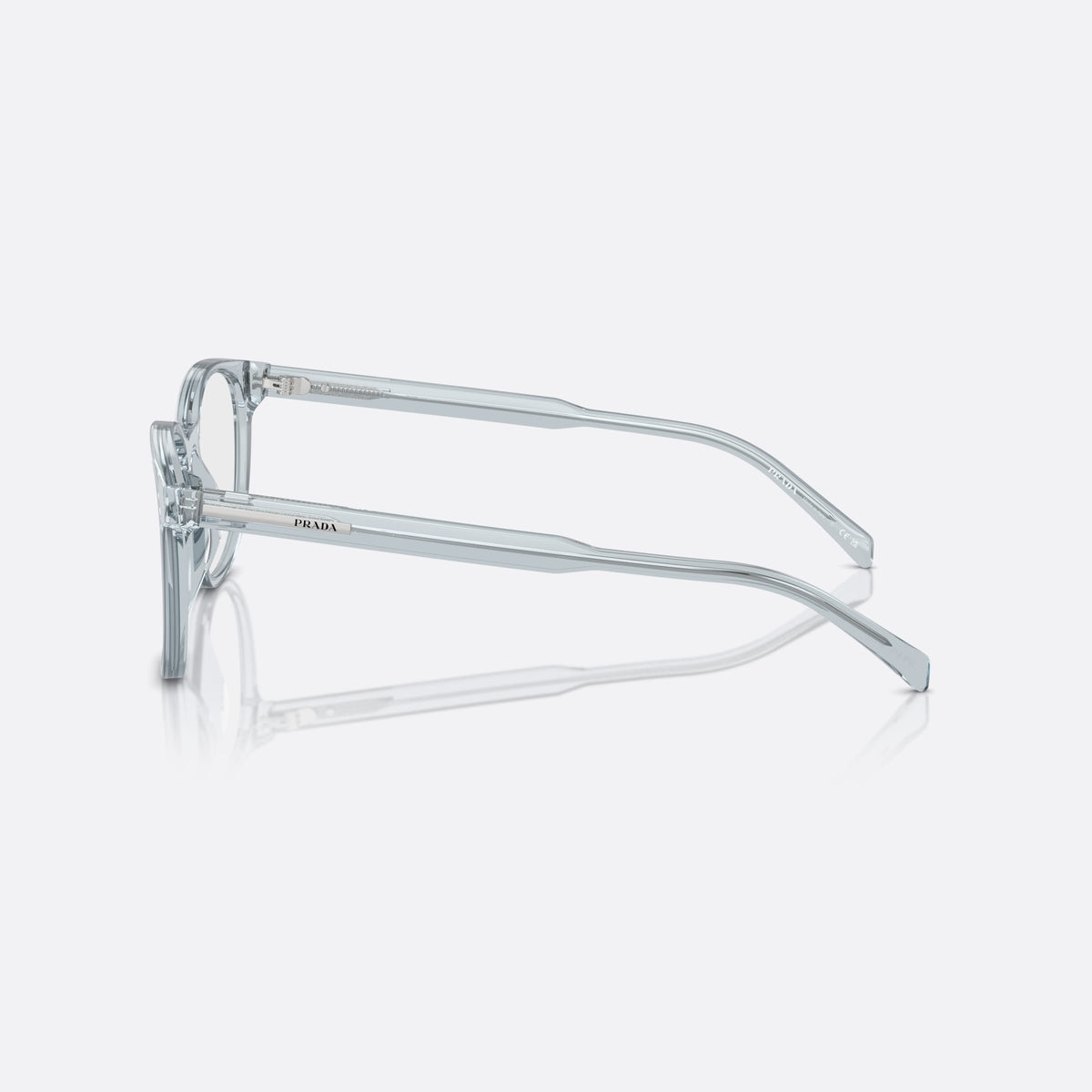 Prada PR A15V 19T1O1 eyeglasses, blue squared frame for men, plain bridge, brand lettering on temples, full-rim front, side view