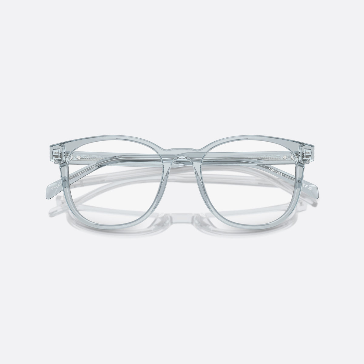 Prada PR A15V 19T1O1 eyeglasses, blue squared frame for men, plain bridge, brand lettering on temples, full-rim front, folded