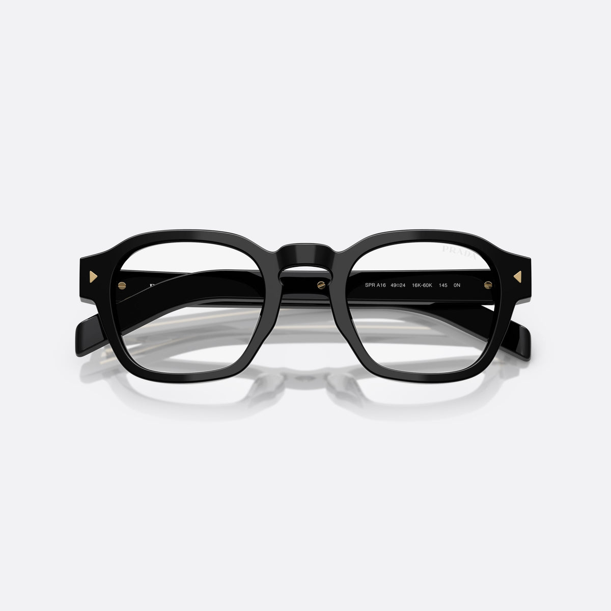 Prada PR A16S 16K60K sunglasses, black phantos frame for men, brand lettering on the temples, full-rim acetate frame, folded
